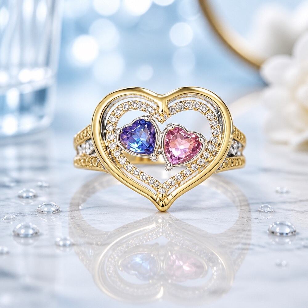 Custom Two-Stone Couples Heart Ring – Purple and Pink Crystal Statement Jewelry